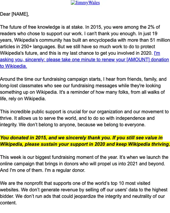Wikipedia re engagement email