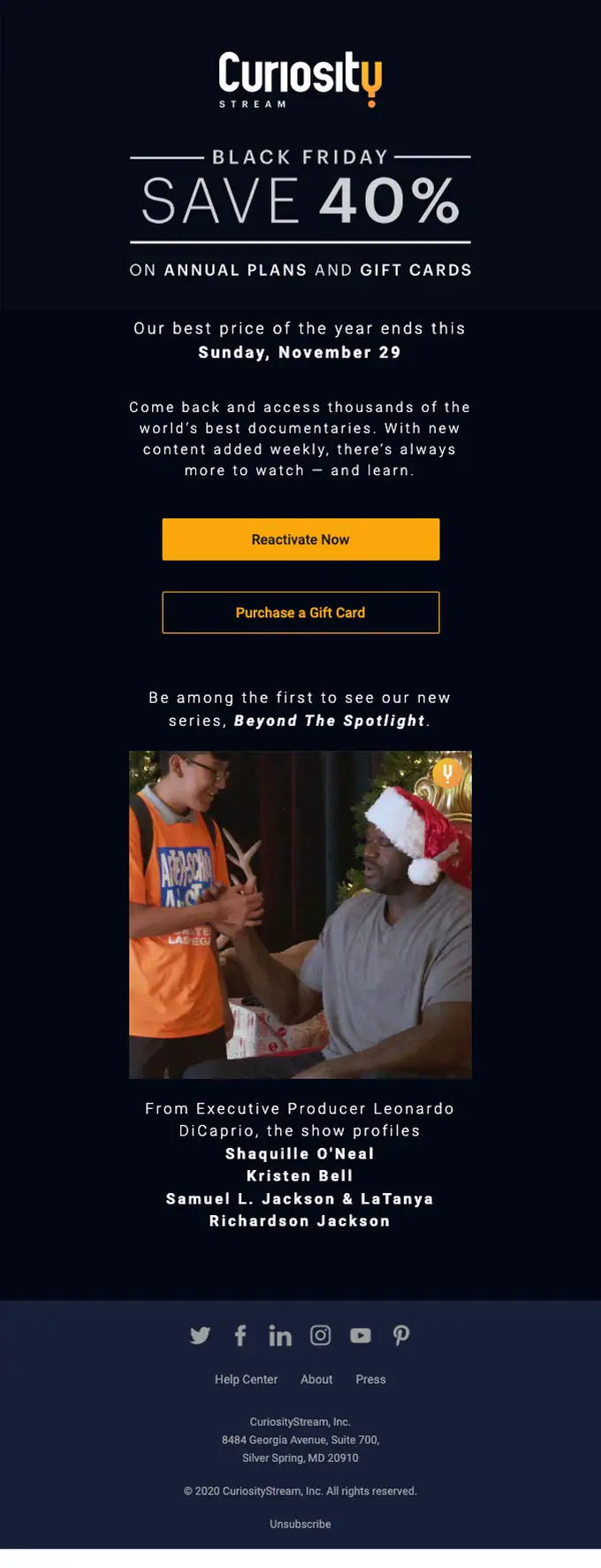 CuriosityStream discount offer email, full length