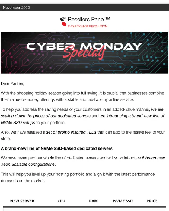 ResellersPanel Cyber Monday email