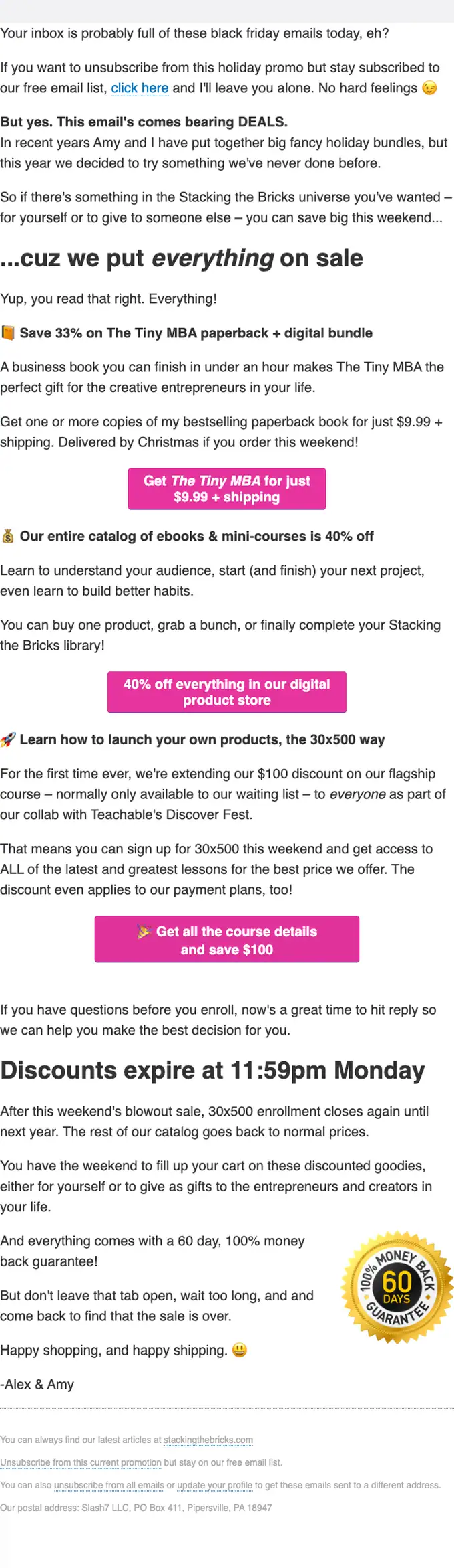 Stacking the Bricks sale email, full length
