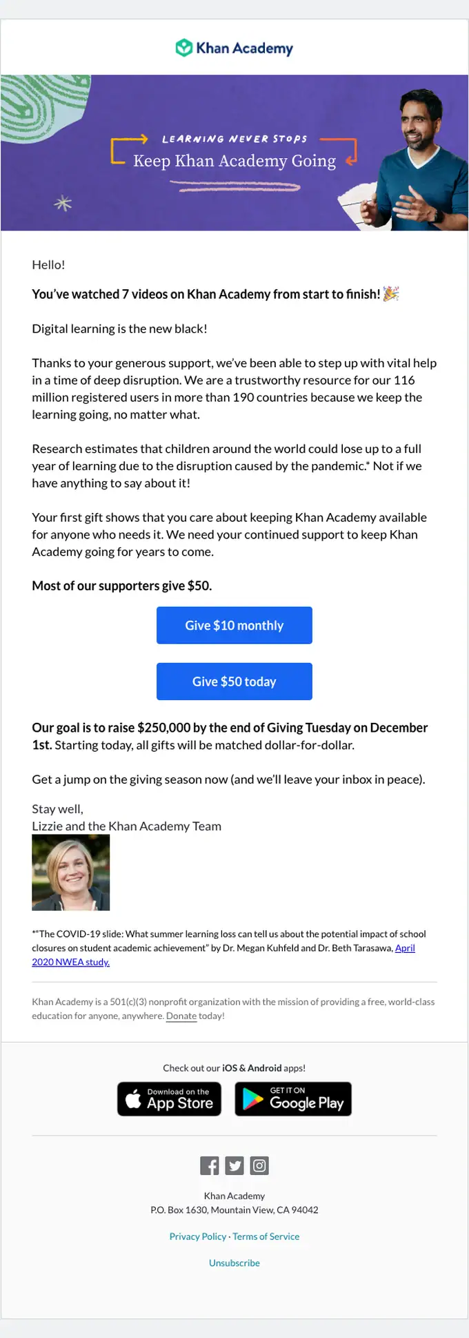 Khan Academy re engagement email, full length