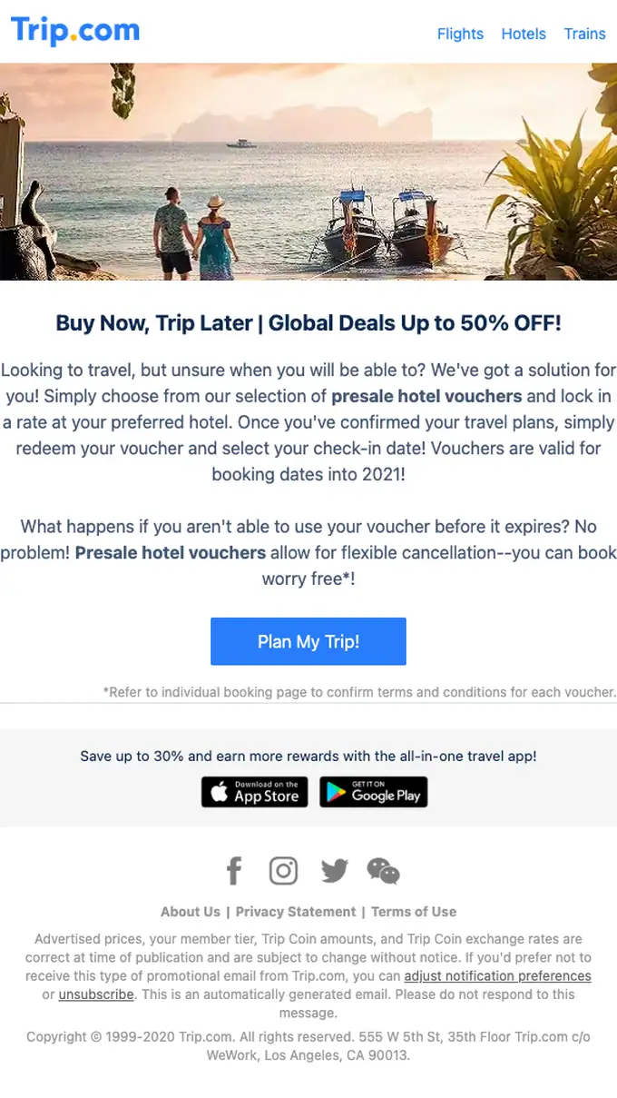 Trip.com promotional email, full length