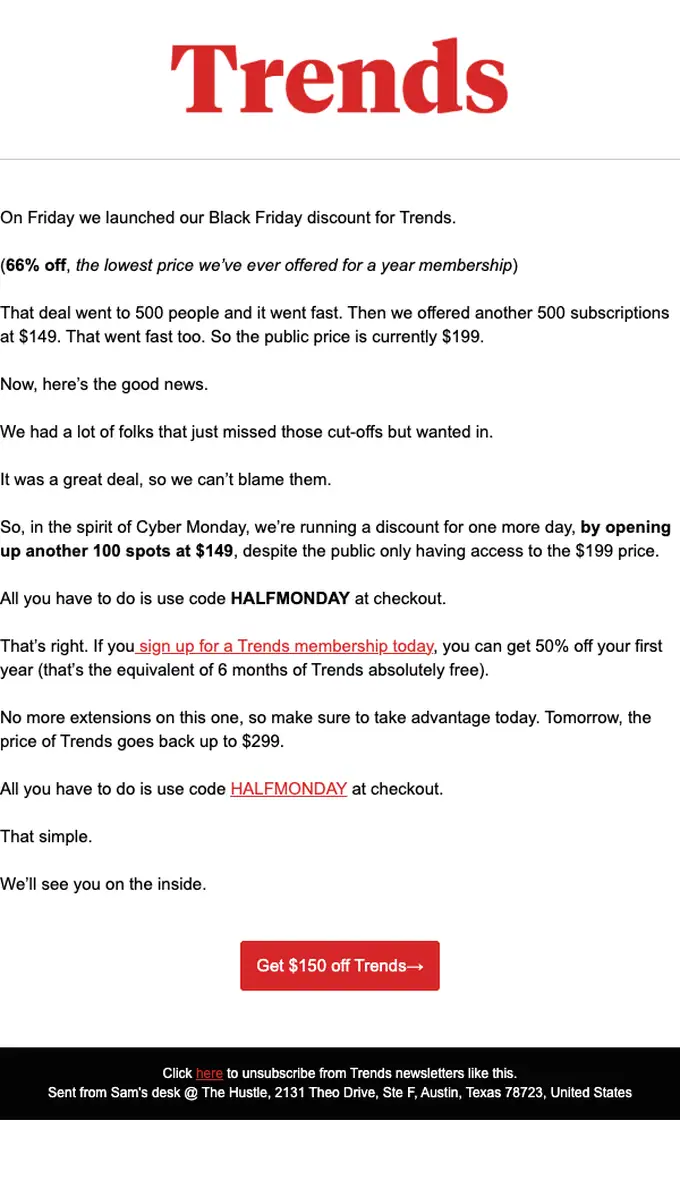 The Hustle promotional email, full length