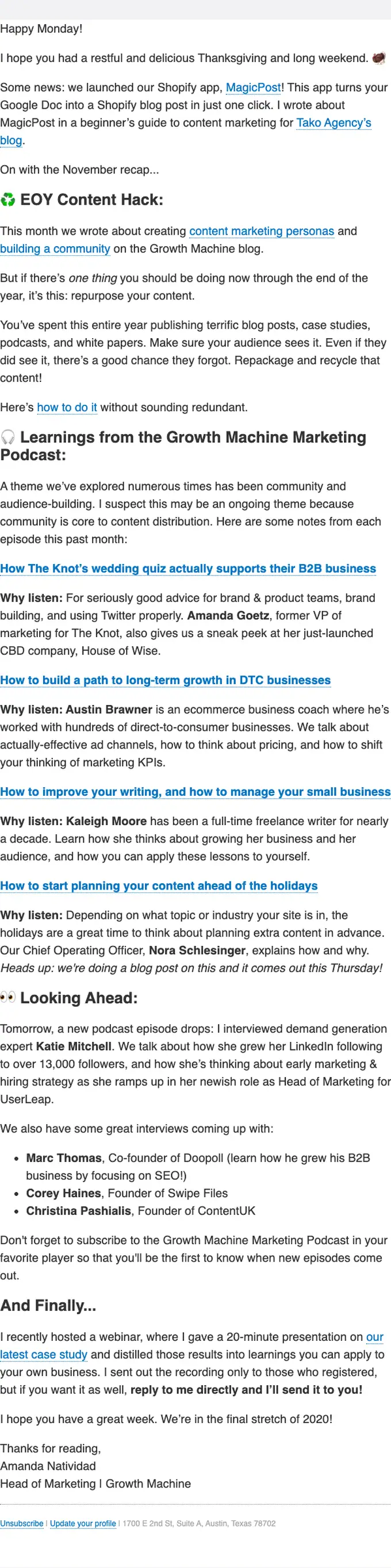 Growth Machine newsletter email, full length