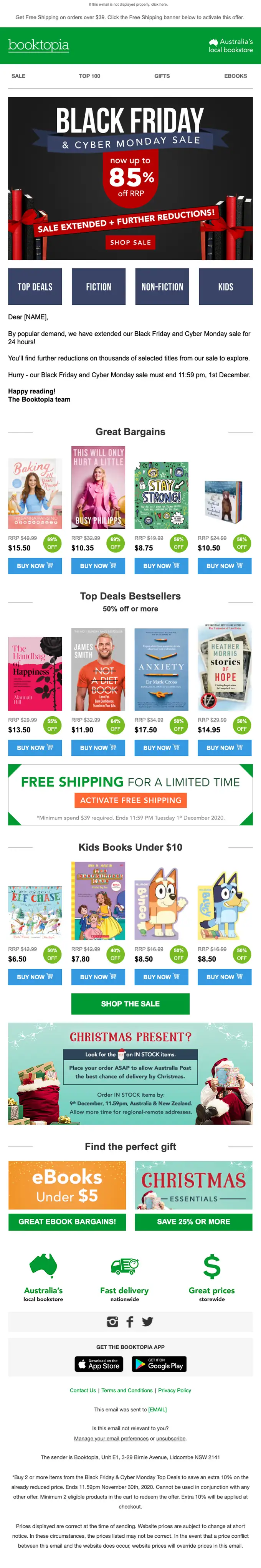 Booktopia Bookstore sale email, full length