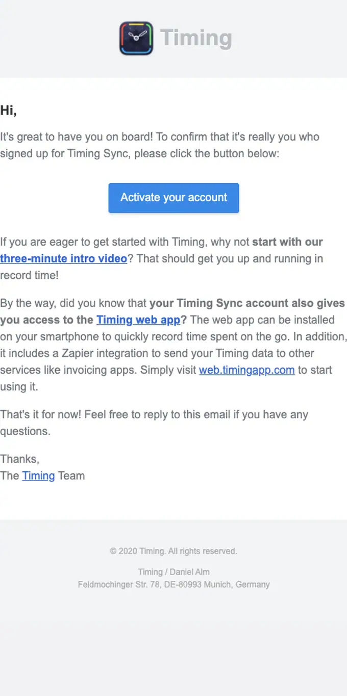 Timing Sync email verification email, full length