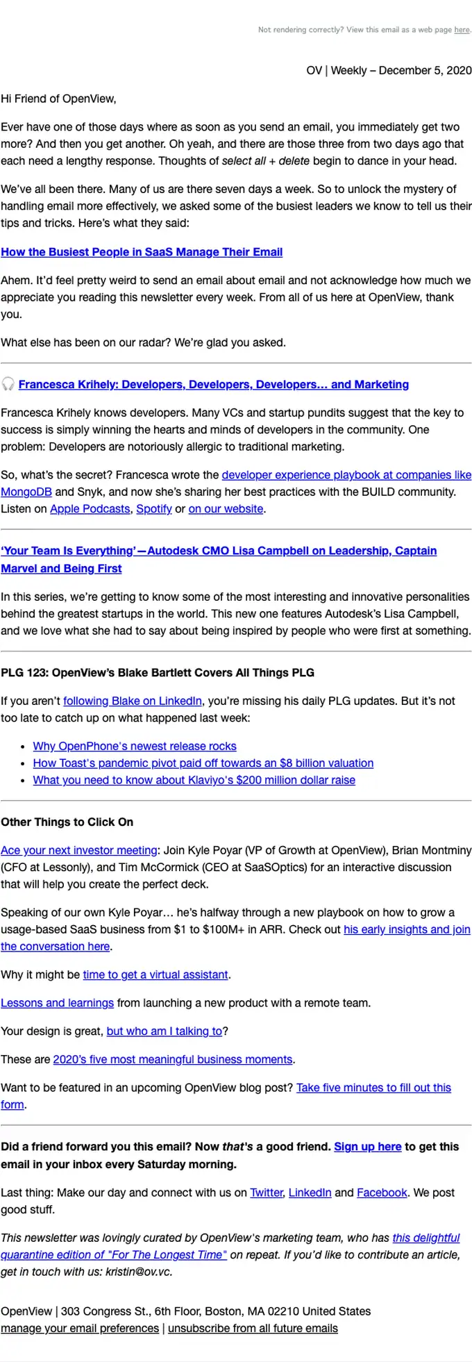 OpenView newsletter email, full length
