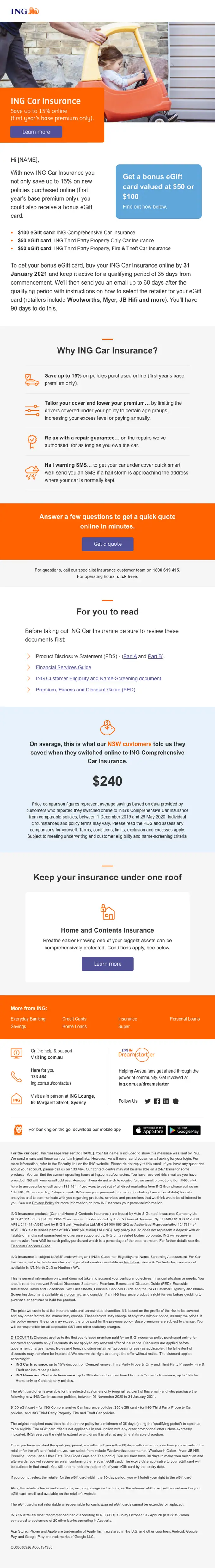 ING Australia promotional email, full length
