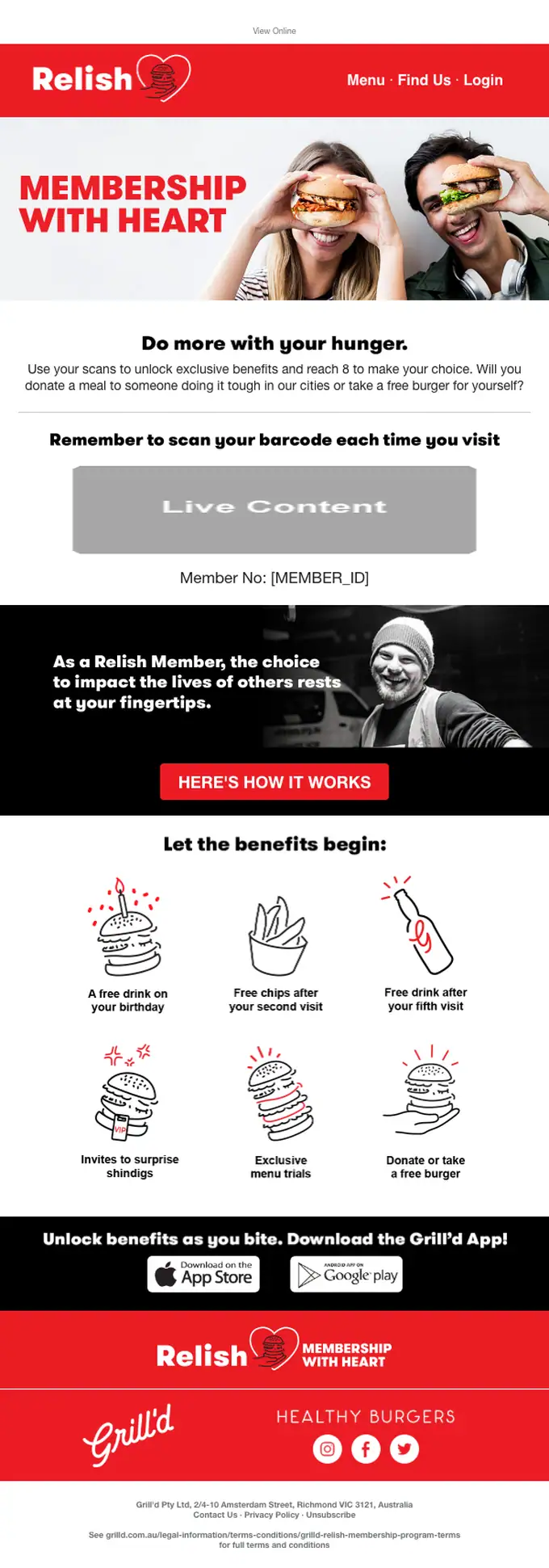 Grill'd Relish welcome email, full length