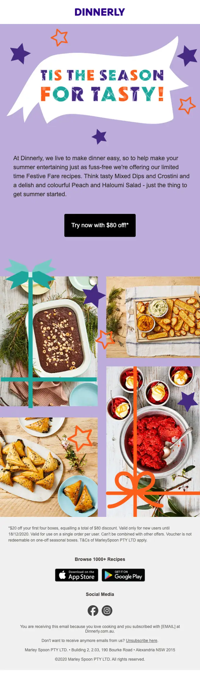 Dinnerly promotional email, full length