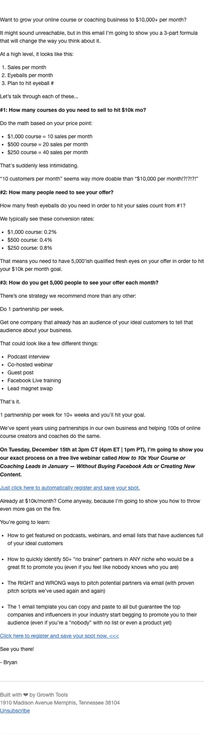 Growth Tools newsletter email, full length