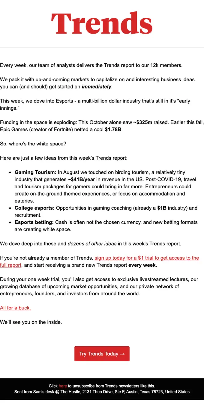 Trends newsletter email, full length