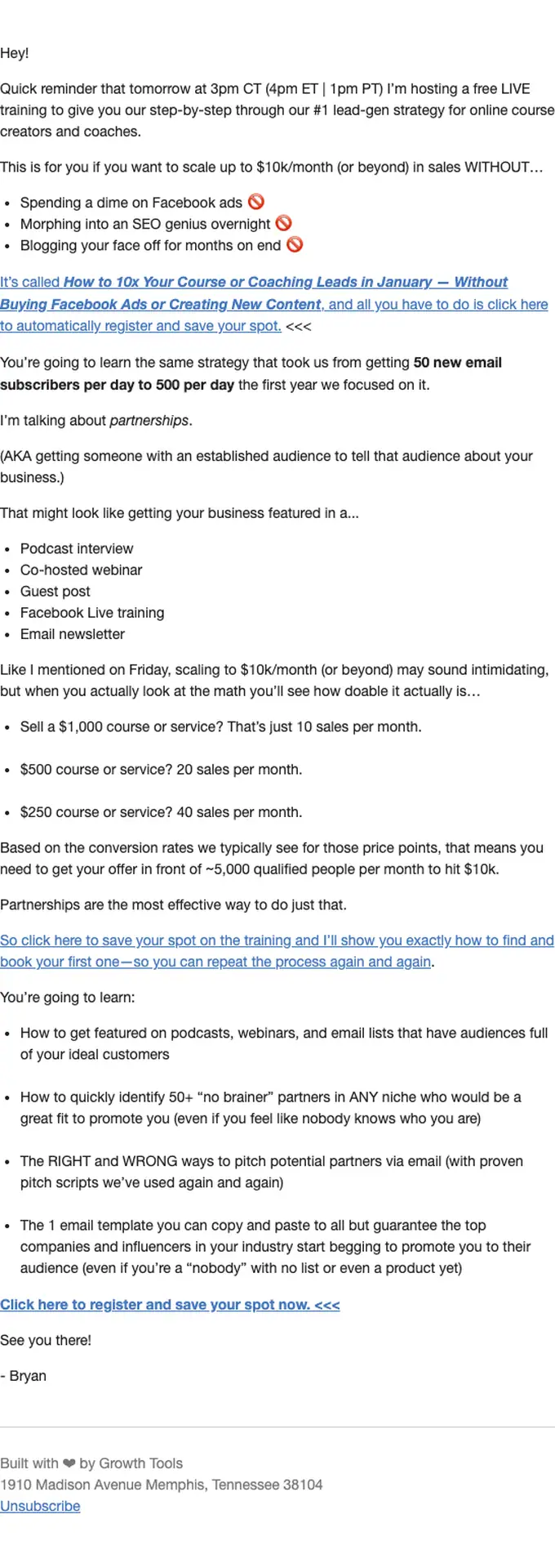 Growth Tools event invite email, full length