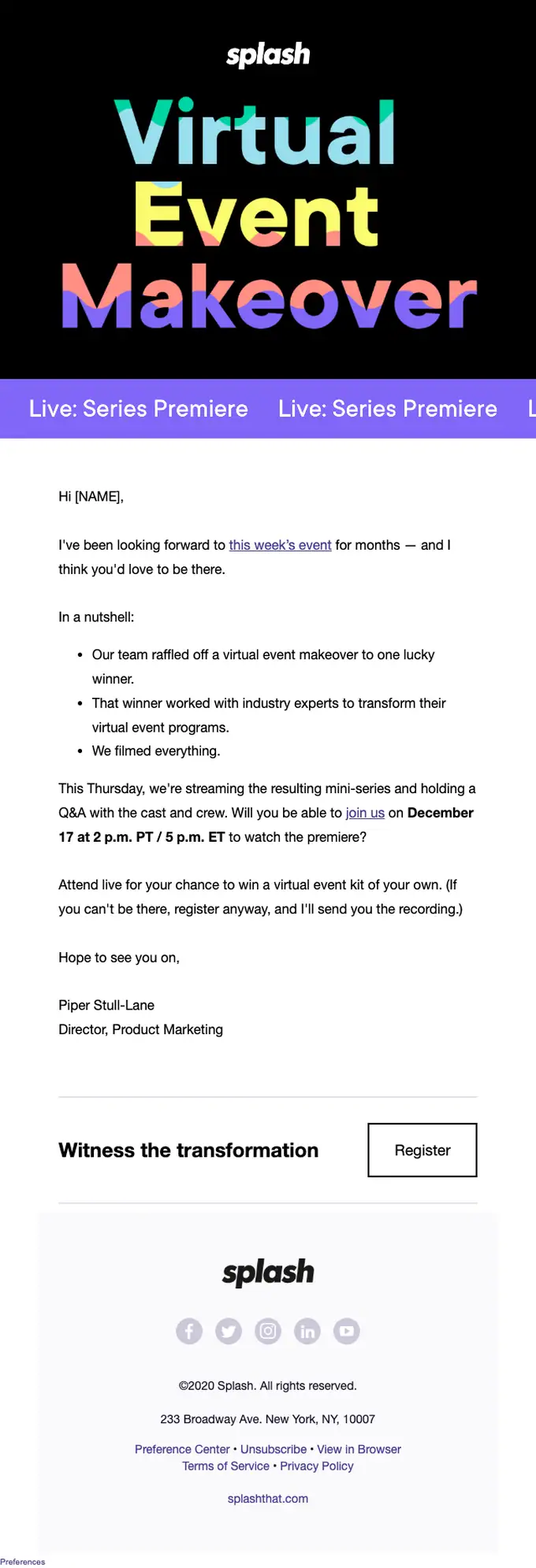 Splash event invite email, full length