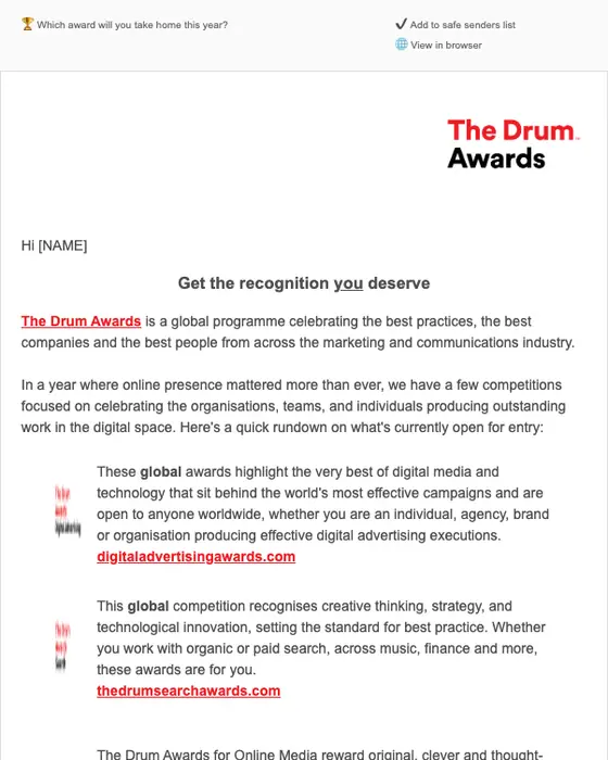 The Drum Awards email