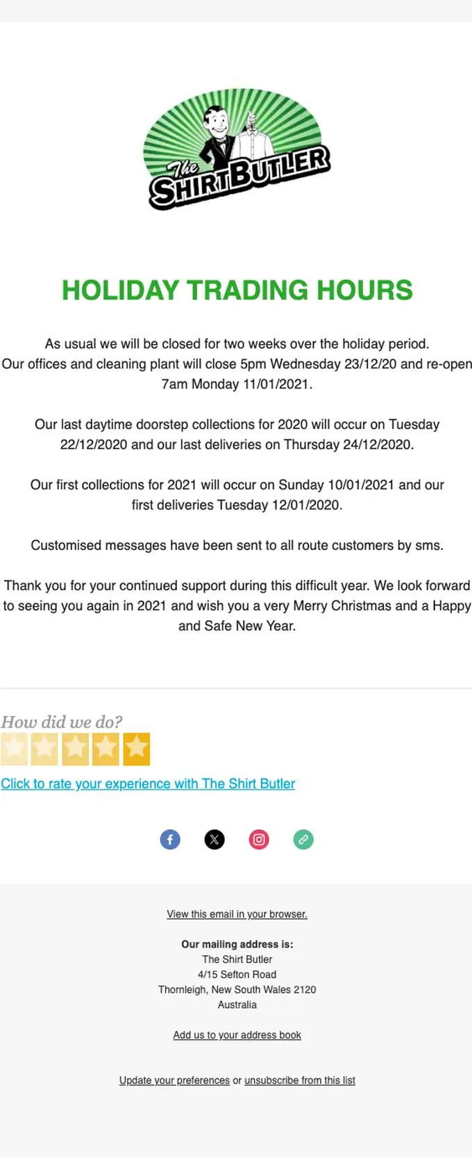 The Shirt Butler account notice email, full length