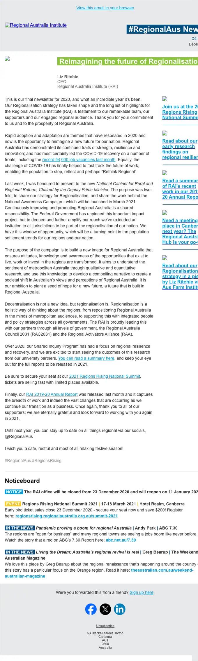 Regional Australia Institute newsletter email, full length