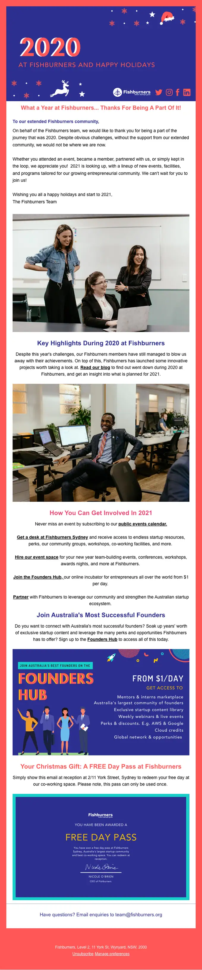 Fishburners newsletter email, full length