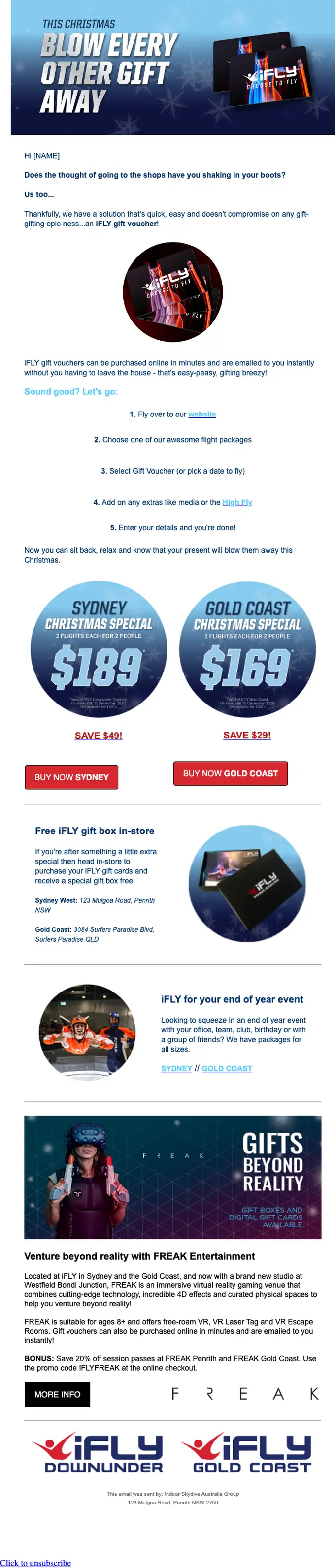 iFLY Indoor Skydiving promotional email, full length