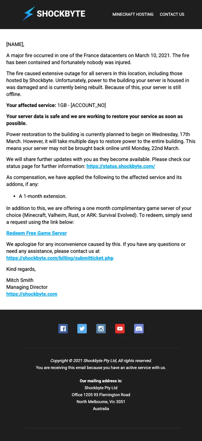 Shockbyte account notice email, full length