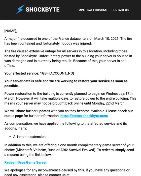 Shockbyte account notice email