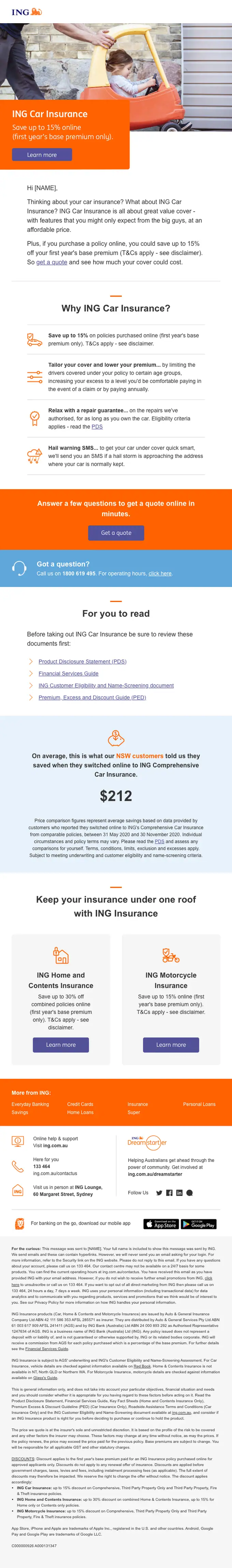 ING Australia promotional email, full length