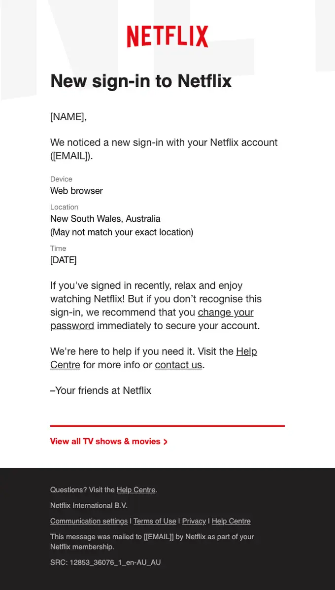 Netflix security alert email, full length