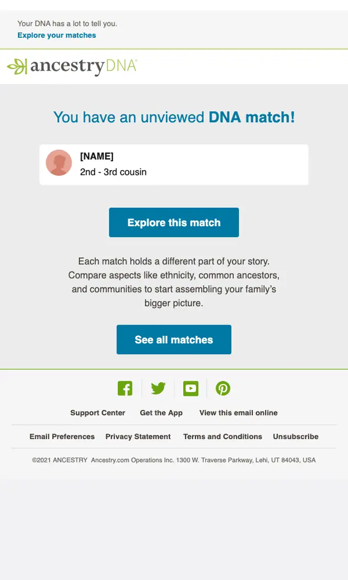 Ancestry account notice email, full length