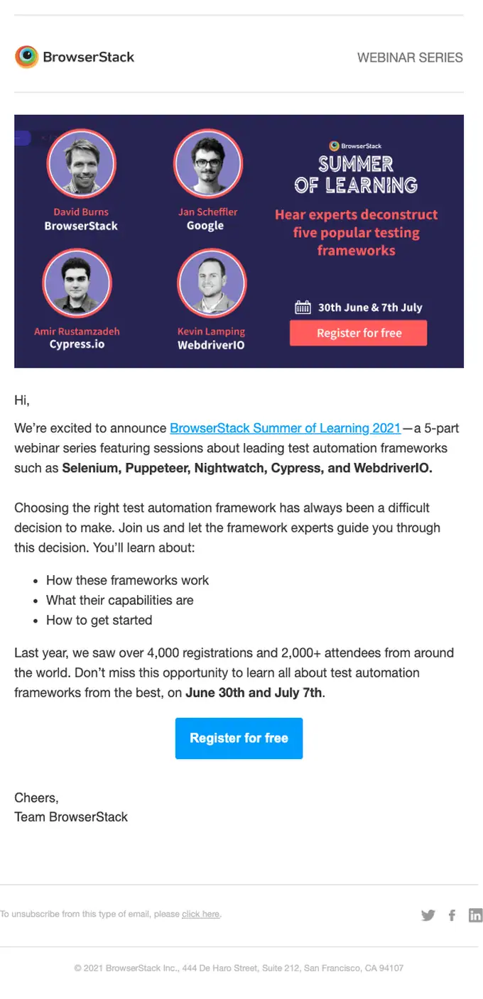 BrowserStack webinar email, full length