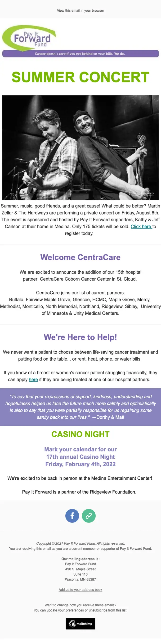 Pay It Forward Fund newsletter email, full length