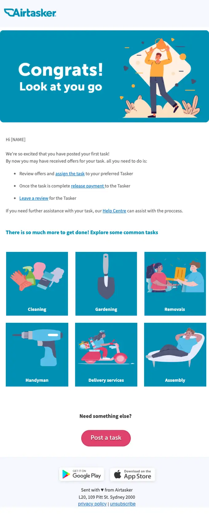 Airtasker account notice email, full length