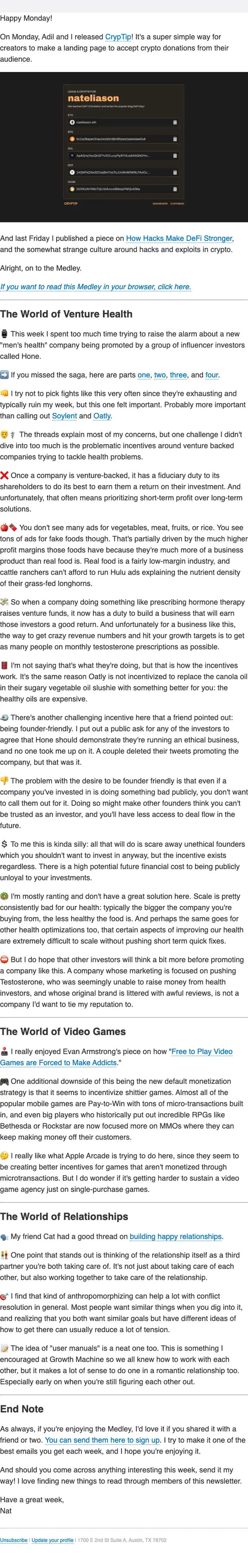 Nat Eliason newsletter email, full length