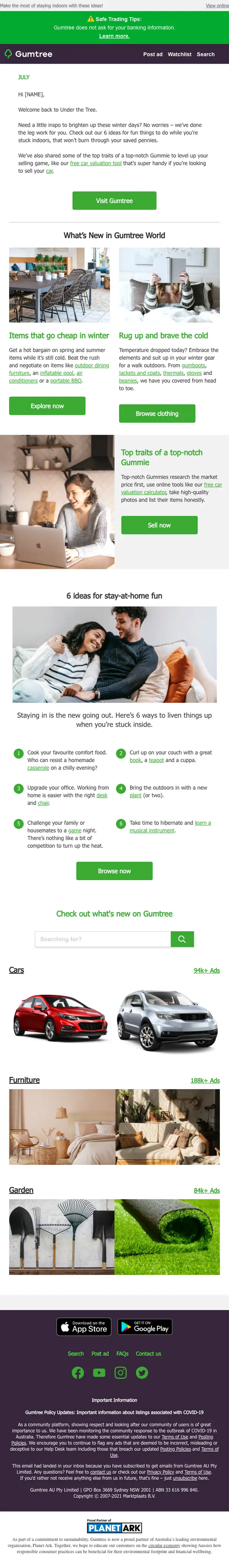 Gumtree Australia newsletter email, full length