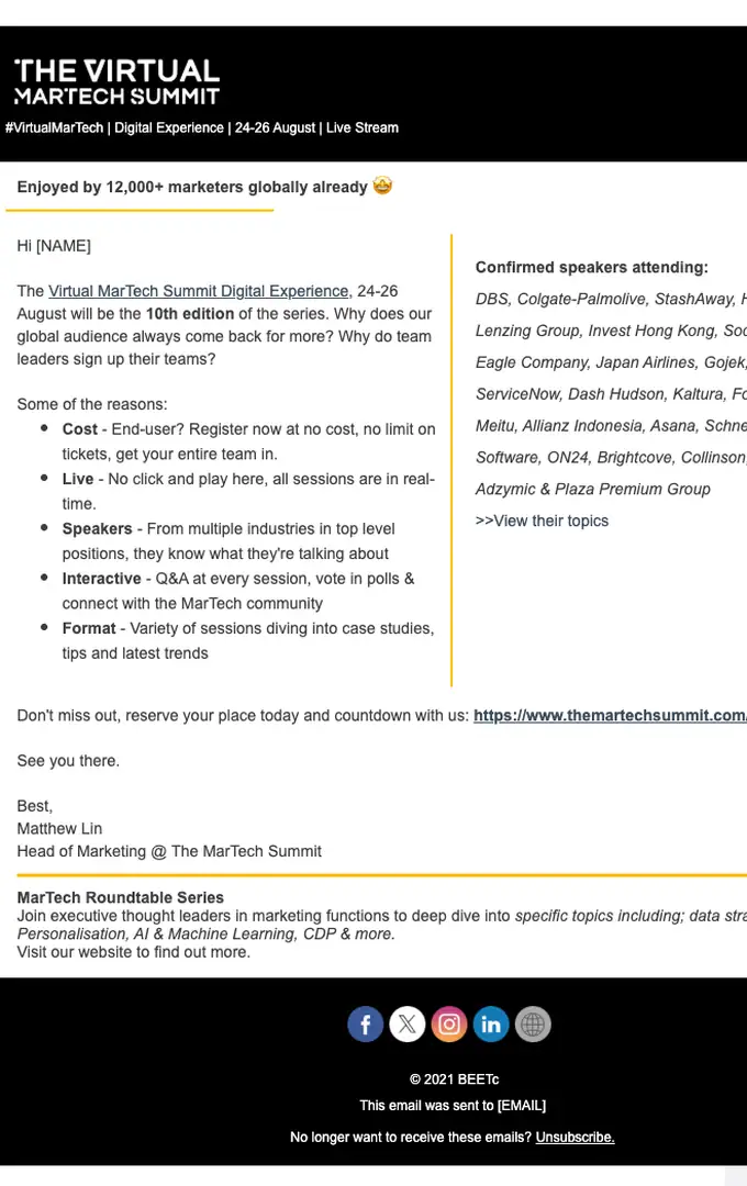 The MarTech Summit event invite email, full length