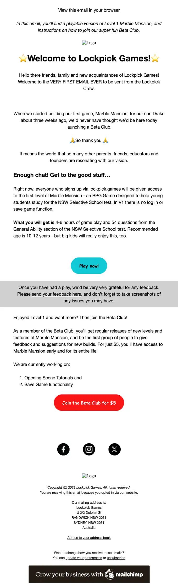 Lockpick Games welcome email, full length