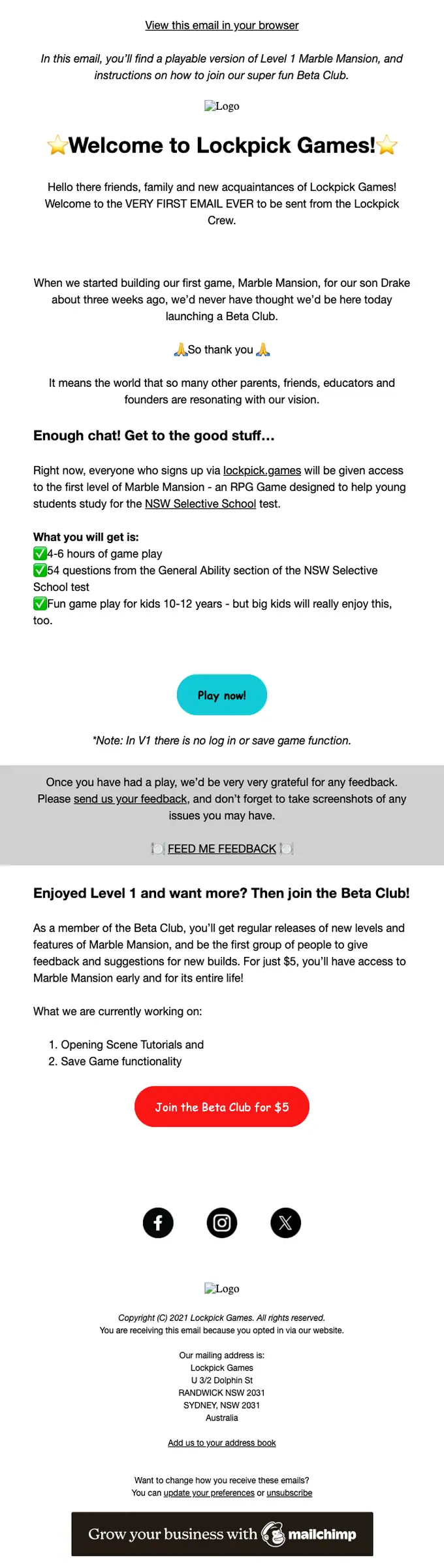 Lockpick Games welcome email, full length