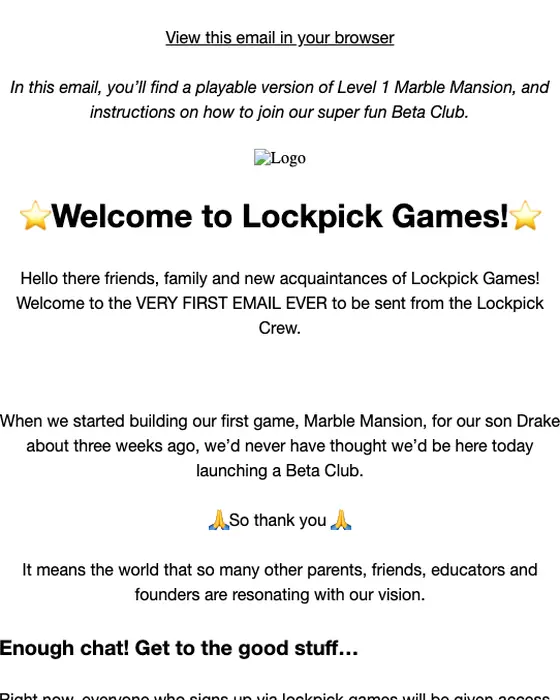 Lockpick Games welcome email