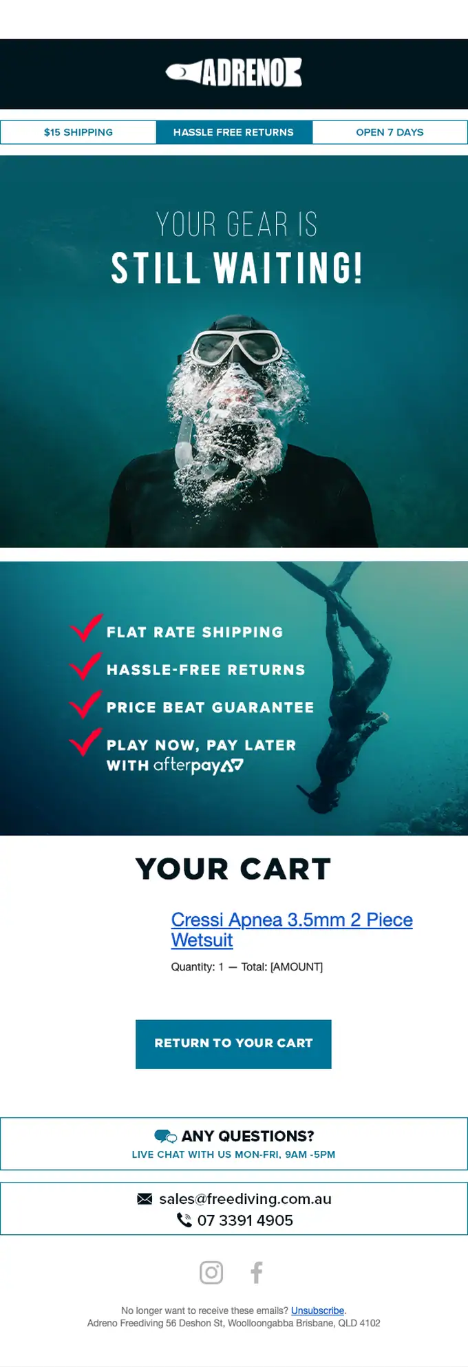 Adreno Freediving abandoned cart email, full length