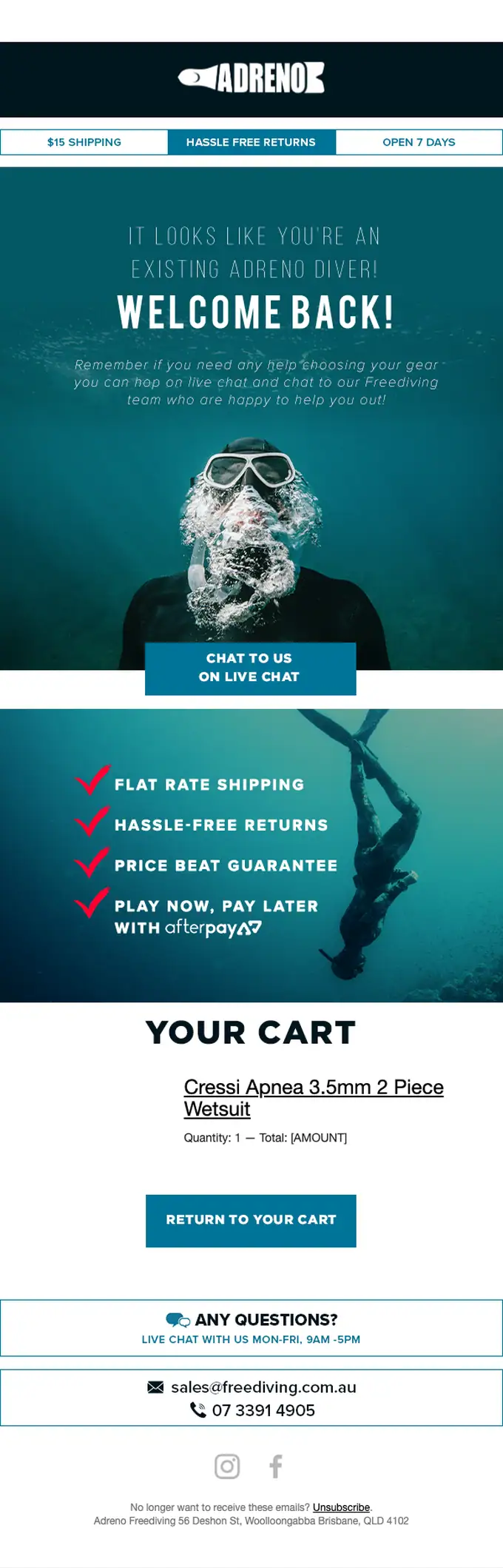 Adreno Freediving abandoned cart email, full length