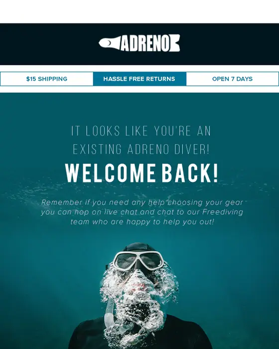 Adreno Freediving abandoned cart drip email