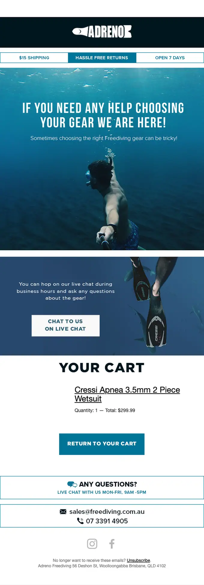 Adreno Freediving abandoned cart email, full length