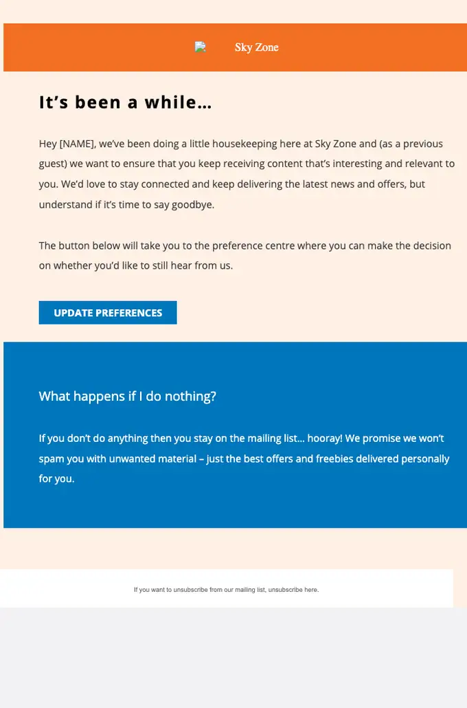 Sky Zone Trampoline Park re engagement email, full length