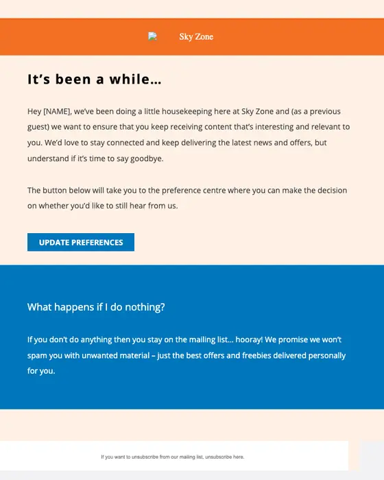Sky Zone Trampoline Park re engagement email