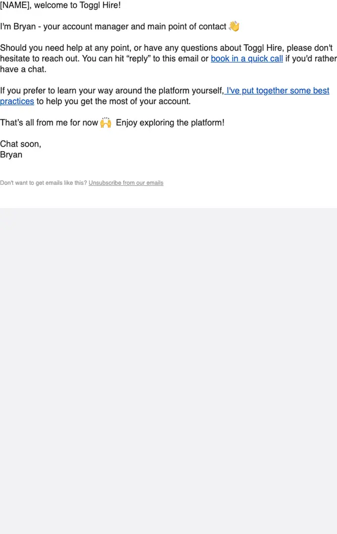 Toggl Hire welcome email, full length