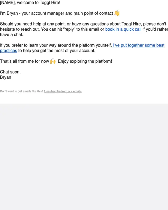 Toggl Hire welcome email