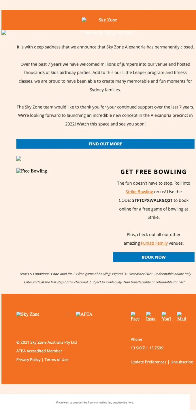 Sky Zone Trampoline Park account notice email, full length