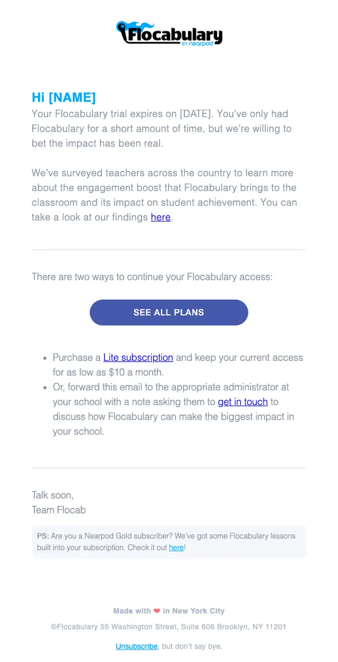 Flocabulary expiration notice email, full length