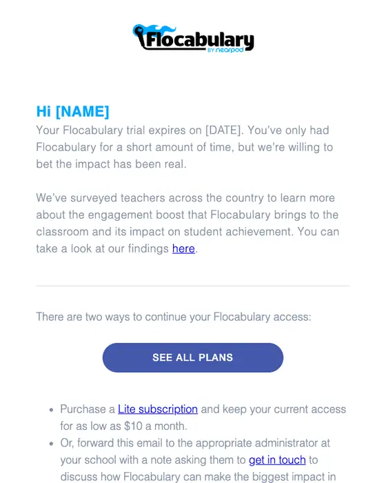 Flocabulary expiration notice email