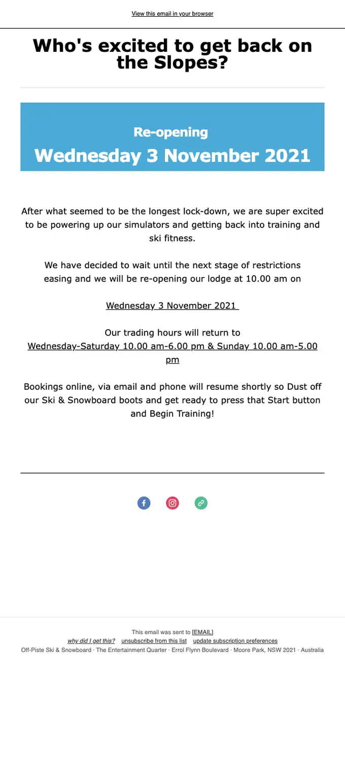 Off-Piste Ski & Snowboard account notice email, full length