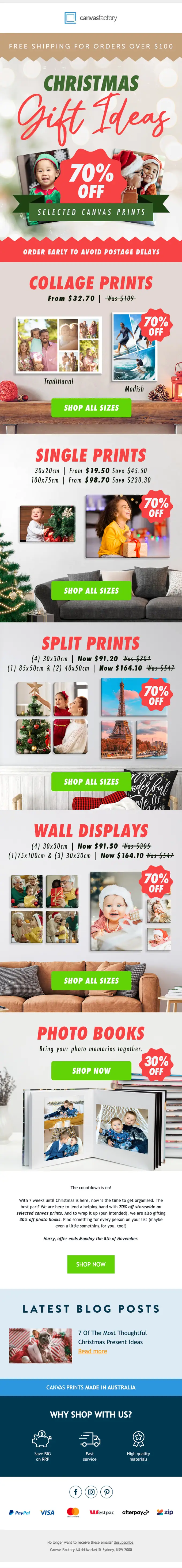Canvas Factory seasonal email, full length